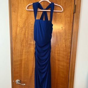 Laundry floor length, side slit, ruched gown. Royal blue size 6 petite stretch